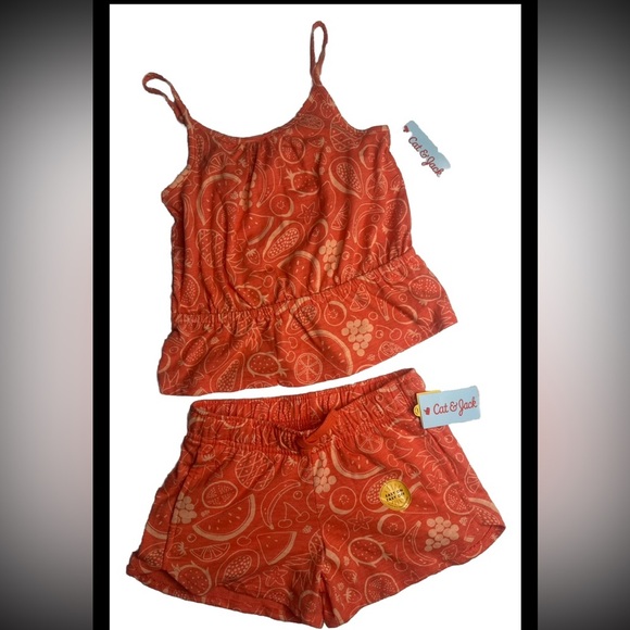 Cat & Jack Girl's Small (6/7) Short & Top  Set 2pc Orange Summer Fruit Vibes - Picture 1 of 7